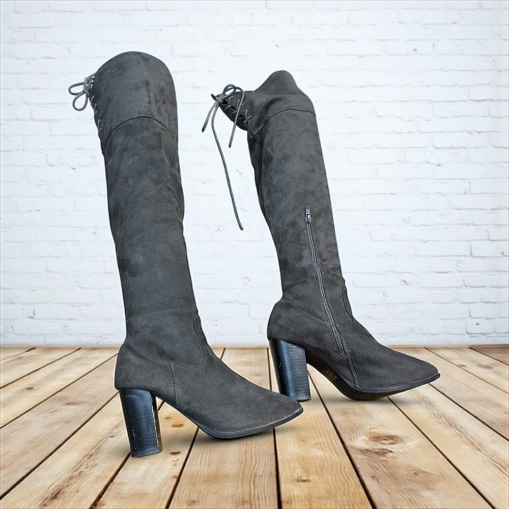 🤑Suede 🔥Over-the-Knee Boots Block Heel Festival Coachella Vibe Lace Up Sexy 8‎